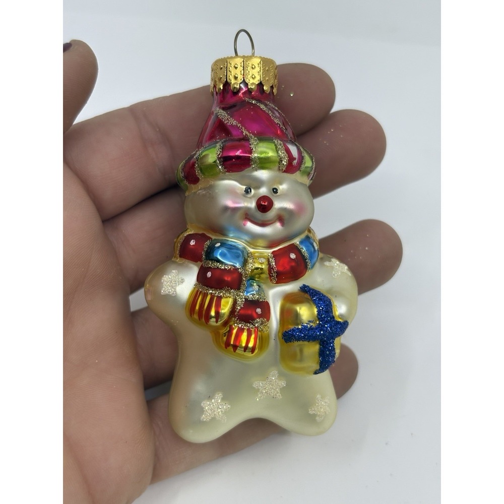 Snowman Pink Green Star Glass Christmas Ornament Read*